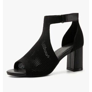 NEWBELLA Black Knit Peep Toe Block Heel Sandals Ankle Strap Women Size 11 NIB